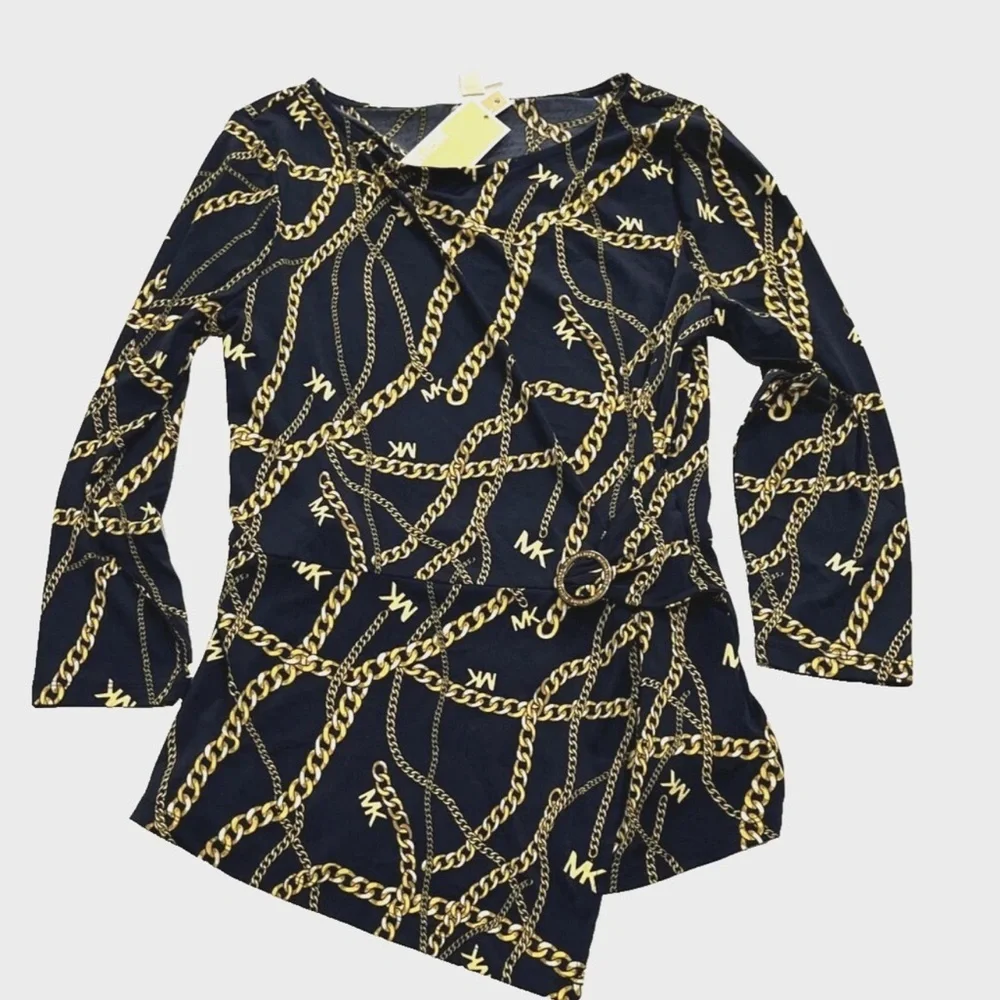 Michael Kors Black and Gold Chain Print Blouse New Plus 3x